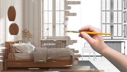 Blueprint project draft, sketch of scandinavian bedroom, hand painting interior details, design concept idea, parquet floor, striped wallpaper, window with radiator, custom furniture