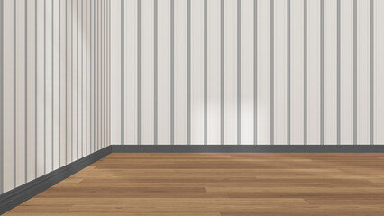 Empty room interior design in white and gray tones, open space with parquet wooden floor, striped wallpaper, classic architecture concept idea