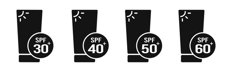 Sun protection cream vector set. Sunscreen in a tube, UV sun care, cosmetics with spf icon