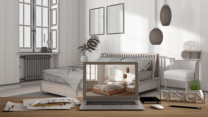 Architect designer desktop concept, laptop on wooden work desk with screen showing interior design project, blueprint draft background, wooden bedroom with wallpaper and frame mockup