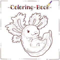Naklejka premium Axolotl, a Coloring Sheet. Cartoon outline picture of playful baby axolotl. A colouring book page. Contour illustration for children preschool education. Interesting home activity for kids.