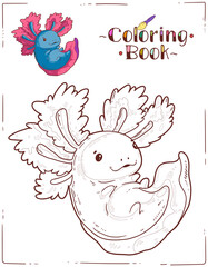Naklejka premium Axolotl, a Coloring Sheet. Cartoon outline picture of playful baby axolotl with colored example. A colouring book page. Contour illustration for children preschool education. Home activity for kid.