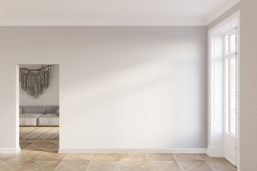 Bright sunny room with a blank light gray wall between the living room door and the balcony door, macrame over the modern sofa in the background, and carpet on the parquet floor. Front view. 3d render