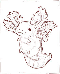Axolotl, a Coloring Sheet. Cartoon outline picture of playful baby axolotl. A colouring book page. Contour illustration for children preschool education. Interesting home activity for kids.