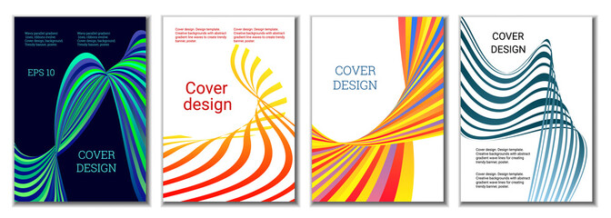 A set of 4 abstract covers. Wavy parallel gradient lines, ribbons evolve. Cover design, background. Trendy banner, poster.