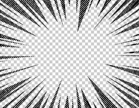 Comic book explosion effect on transparent background. High speed mockup with black pop art rays. 