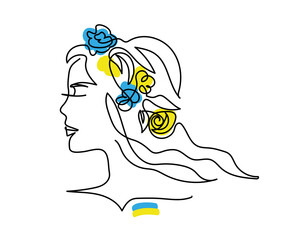 Head in flowers. Ukrainian flag. Blue and yellow flowers in head vector. Woman profile. One continuous line art drawing