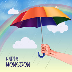 Happy monsoon season background. Hand holding umbrella in rainy background with rainbow