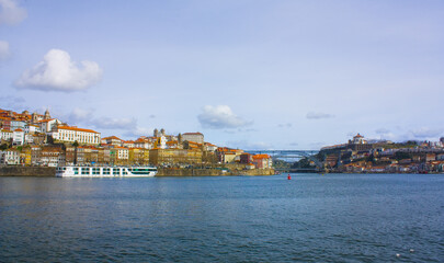 Fototapeta na wymiar Panorama of Old Town (Ribeira district) and river Duoro in Porto 