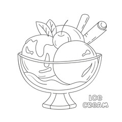 Ice cream three balls in a glass bowl, a picture for coloring.