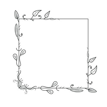 Abstract Black Simple Line Square With Leaf Leaves Frame Flowers Doodle Outline Element Vector Design Style Sketch Isolated Illustration For Wedding And Banner