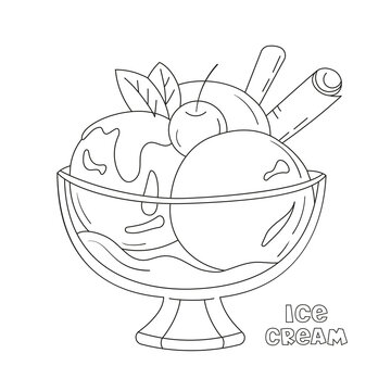 Ice cream three balls in a glass bowl, a picture for coloring.