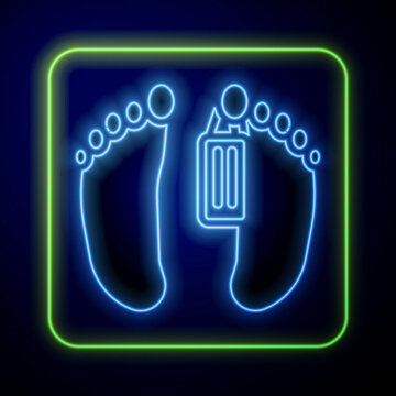 Glowing neon Dead body with an identity tag attached in the feet in a morgue of a hospital icon isolated on blue background. Vector