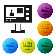 Black Television report icon isolated on white background. TV news. Set icons in color circle buttons. Vector