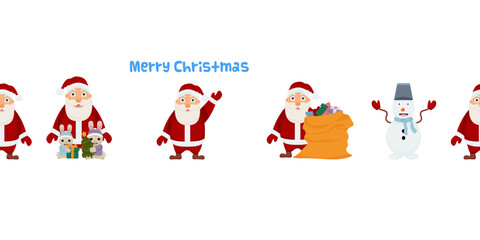 Fototapeta premium Vector Seamless border with Santa Claus. On a white background. Different Santa Clauses. Winter Seamless border. Christmas Seamless border for packaging, fabric, wallpaper.