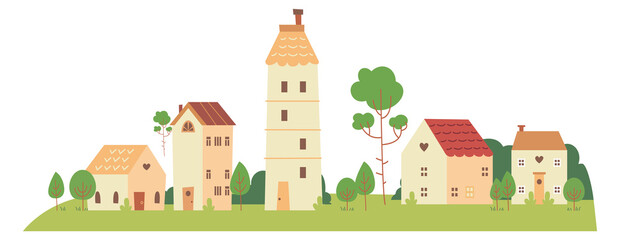 Fototapeta premium Street houses panorama. Small town outside landscape