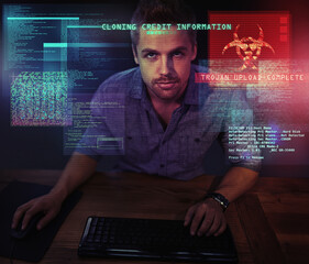 Shot of a young man looking up at messages on a virtual screen - ALL design on this image is...