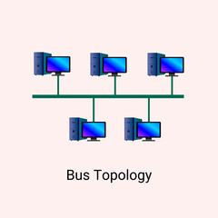 Bus topology network vector illustration, in computer network technology concept - obrazy, fototapety, plakaty
