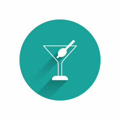 White Martini glass icon isolated with long shadow. Cocktail icon. Wine glass icon. Green circle button. Vector