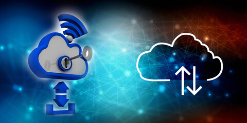 3d rendering Cloud online storage icons with WIFI protection key
