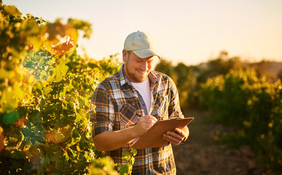 The secret to successful farming lies in consistency. Shot of a happy farmer making notes on a clipboard while standing in a vineyard.