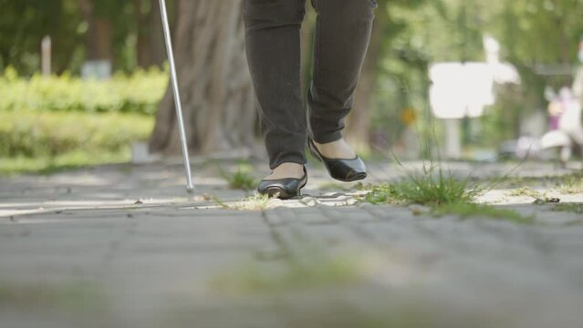 Woman with blindness disability walking on sidewalk contain tactile paving guide blocks using long white cane or blind cane a mobility tool to detect objects in the path for vision impairment people.