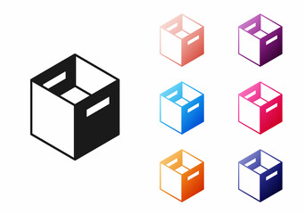 Black Carton cardboard box icon isolated on white background. Box, package, parcel sign. Delivery and packaging. Set icons colorful. Vector