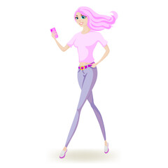 A girl with a great mood and a smile walks along the sidewalk, girl, sun, business, work, walk, isolated vector illustration. 