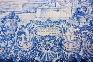Fragment of Carmo Church (Igreja do Carmo) with beautiful azulejos in Porto - obrazy, fototapety, plakaty