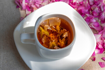 Tea from rose petals. Flower tea from rose petals