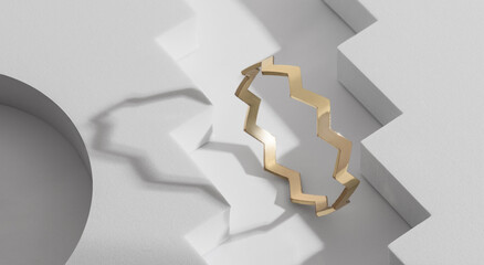 Zig zag shape shiny golden bracelet on geometric white background with copy space