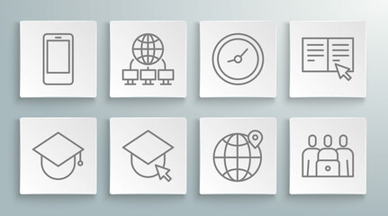 Set line Graduation cap on globe, Computer network, Location the, Online class, Clock, book and Mobile phone icon. Vector