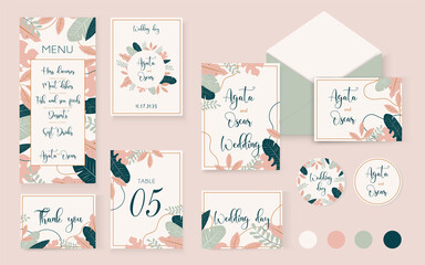 Big set for wedding decor. Wedding day template. Menu, invitation card, table with table numbering. Emblems, labels and envelope. Vector hand drawn. Tropical leaves set.