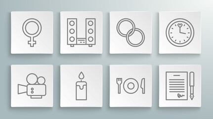 Set line Cinema camera, Home stereo with two speakers, Burning candle, Plate, fork knife, Marriage contract, Wedding rings, Clock and Female gender symbol icon. Vector