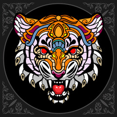 Colorful tiger head zentangle arts. isolated on black background.