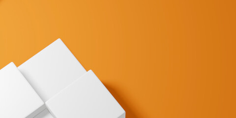 Abstract background with cube stands or podiums on vibrant orange background, top view. 3d generated digital backdrop illustration for still life, product photographs