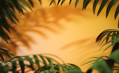 Fototapeta na wymiar Abstract background, green leaves of tropical palm tree on orange background. shallow depth of field effect. 3d render, digitally generated backdrop with copy space