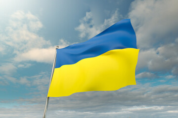 Ukrainian flag against blue sky. 3d digitally generated image of Ukraine flag on the flagpole in the wind