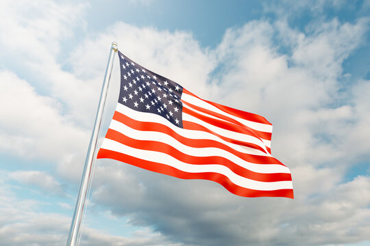 USA flag against blue sky. 3d digitally generated image of the United States of America flag on the flagpole in the wind