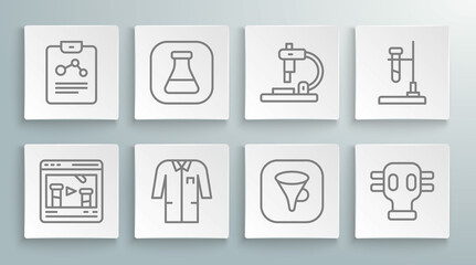 Set line Chemical online, Test tube and flask, Laboratory uniform, Funnel filter, Gas mask, Microscope, fire and Chemistry report icon. Vector