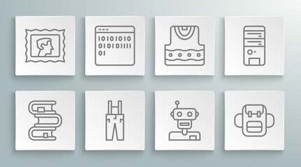Set line Book, Binary code, Pants with suspenders, Robot, School backpack, Waistcoat, Computer and Postal stamp icon. Vector