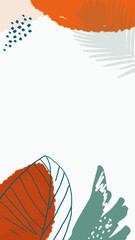 set of abstract backgrounds with copy space - hand drawn banners, posters, cover design templates, social media stories mock up with tropical leaves in minimal simple style.