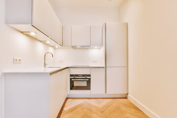 Interior of empty white kitchen with backlights and wooden parquet floor