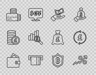 Set line Wallet with money, Percent up arrow, Hand holding, Credit card inserted, Pie chart dollar, Shield bitcoin and Coin pound icon. Vector