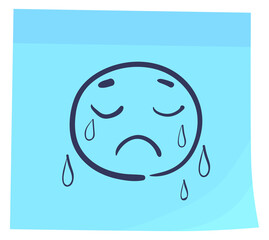 Crying face doodle on blue sticker. Emotion color card