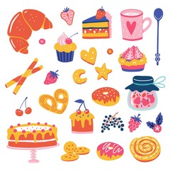 Cute bright pastry elements. Vector hand drawn set.