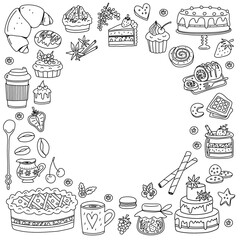 Desserts and bakery goods. Doodle elements. Vector round frame.