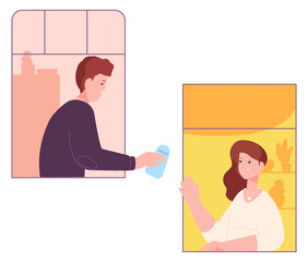 Neigbors helping each other. Man and woman in windows