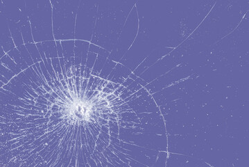 Broken glass texture on veri peri color background. Abstract of purple cracked screen smartphone from shock.