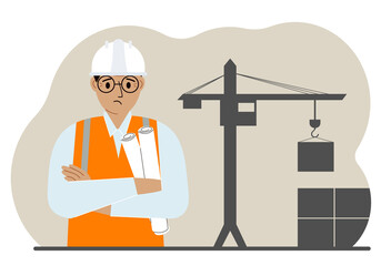 Sad engineer near the construction crane. Builder holding blueprints near construction machinery.